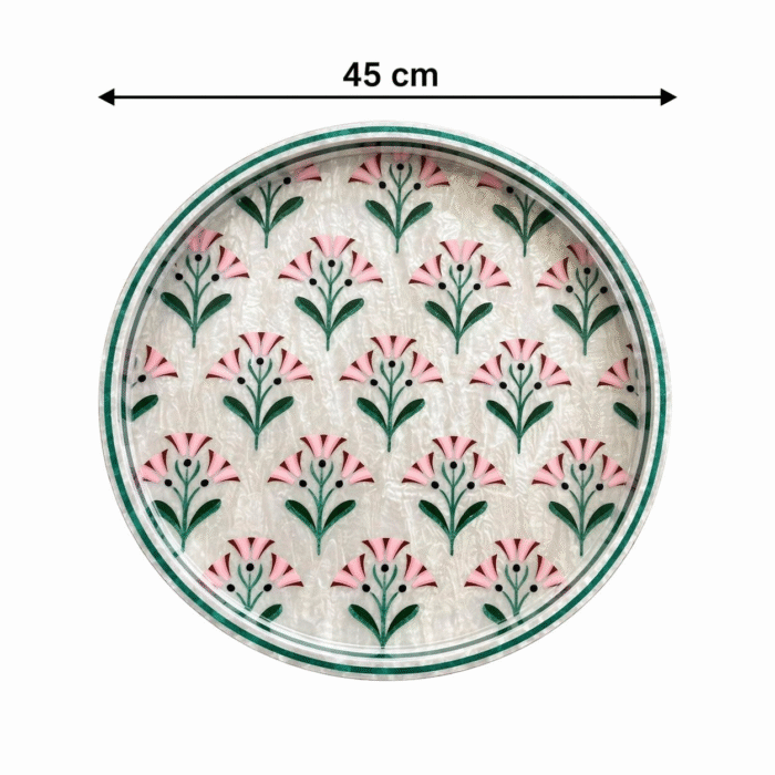Handcrafted Floral Round Serving Tray – Green & Pink Pattern 45 cm - Image 3