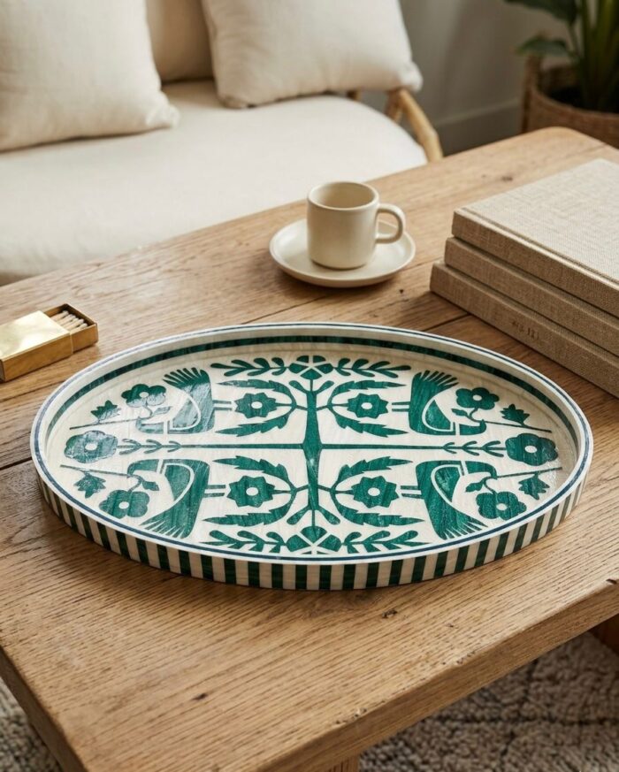 Botanical Pattern Handmade Serving Tray – Green Mother of Pearl Oval Tray - Image 1