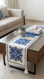 Elegant Blue Embroidered Table Runner with Tassels