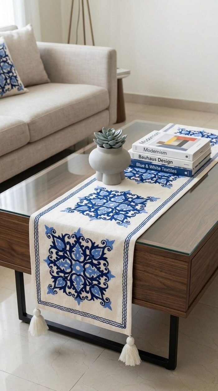 Elegant Blue Embroidered Table Runner with Tassels - Image 1