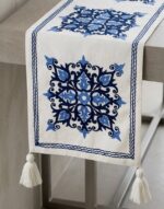 Elegant Blue Embroidered Table Runner with Tassels - Image 2