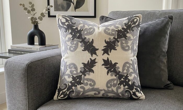 Handmade Gray Embroidered Cotton Cushion – Elegant Floral Decorative Pillow - Image 3