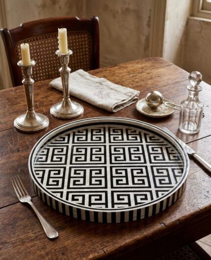 Black & White Greek Key Geometric Mother of Pearl Serving Tray
