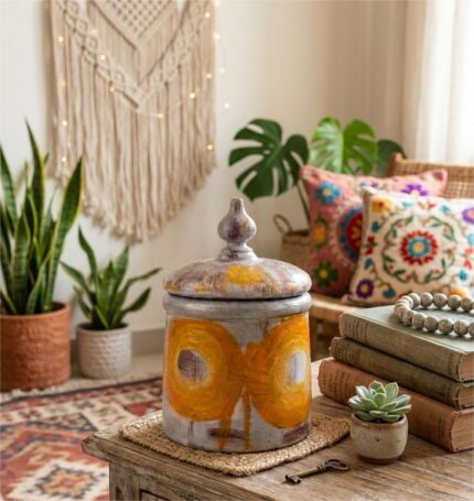 Hand-Painted Wooden Storage Jar with Lid – Artisan Handmade Decorative Container