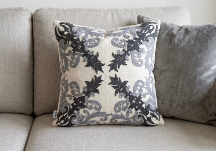 Handmade Gray Embroidered Cotton Cushion – Elegant Floral Decorative Pillow - Image 2