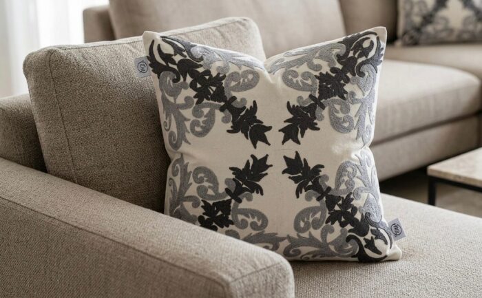 Handmade Gray Embroidered Cotton Cushion – Elegant Floral Decorative Pillow - Image 1