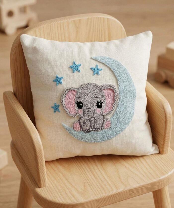 Handmade Punch Needle Elephant Cushion – Cute Nursery Decorative Pillow with Moon & Stars - Image 2