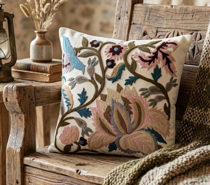 Handmade Floral Embroidered Cushion  – Boho Vintage Linen Throw Pillow - Image 3
