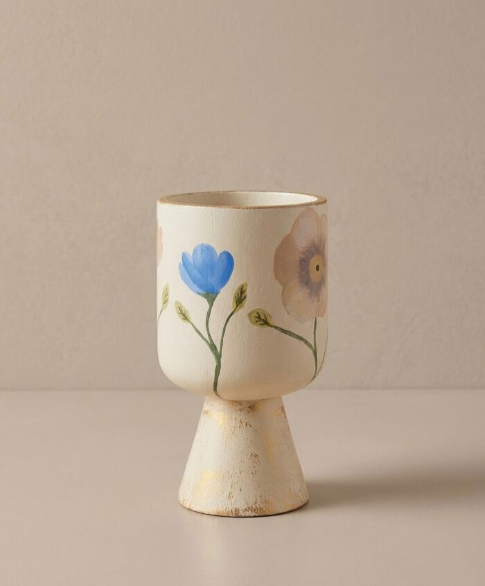 Handmade Natural Wood Floral Vase – Rustic Hand-Painted Wooden Decor - Image 1