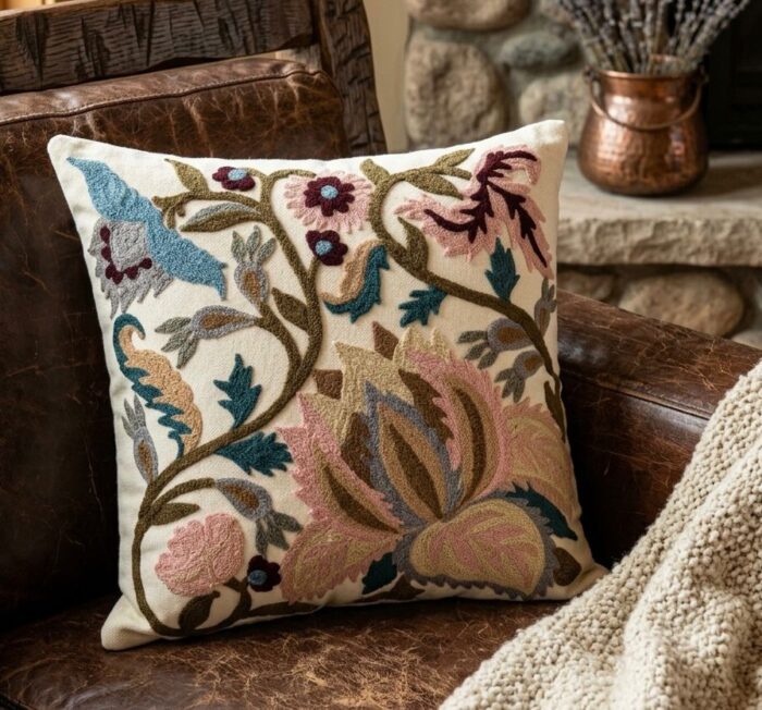 Handmade Floral Embroidered Cushion  – Boho Vintage Linen Throw Pillow - Image 2