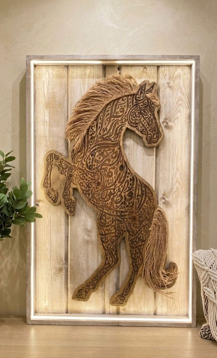 Hand-Carved Wooden Horse Wall Art – Handmade Engraved Rustic Wood Decor - Image 1