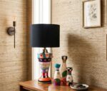 Hand-Painted Wooden Table Lamp with Matching Candle Holders Set – Modern Artistic Home Decor
