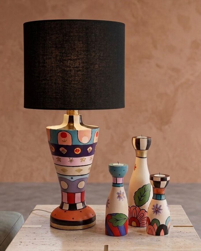 Hand-Painted Wooden Table Lamp with Matching Candle Holders Set – Modern Artistic Home Decor - Image 3