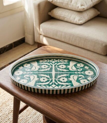 Handmade Mother of Pearl Oval Serving Tray – Green Inlay Decorative Tray