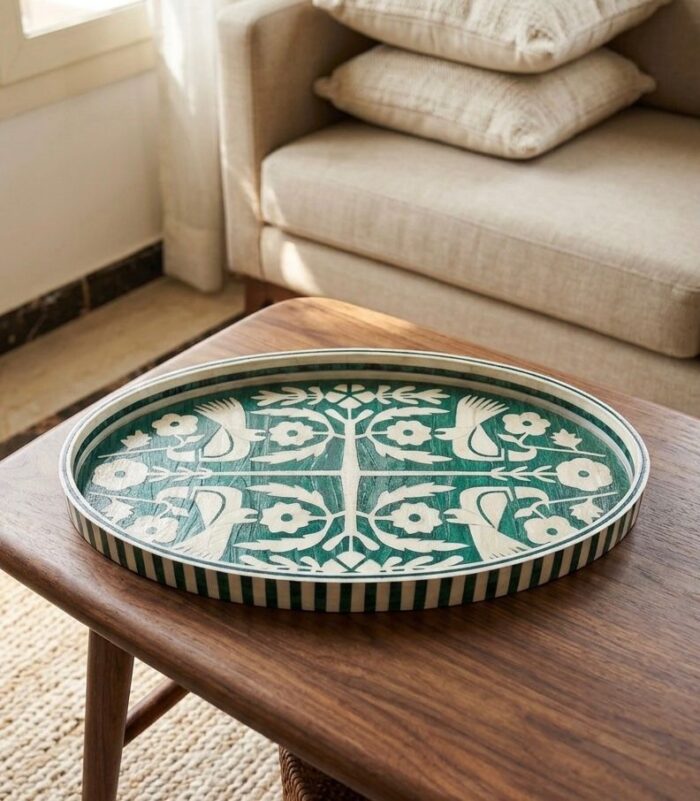Handmade Mother of Pearl Oval Serving Tray – Green Inlay Decorative Tray - Image 1