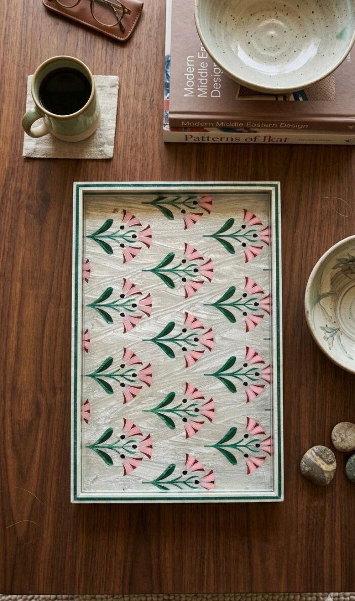 Blush Pink Floral Mother of Pearl Inlay Wooden Serving Tray - Image 2
