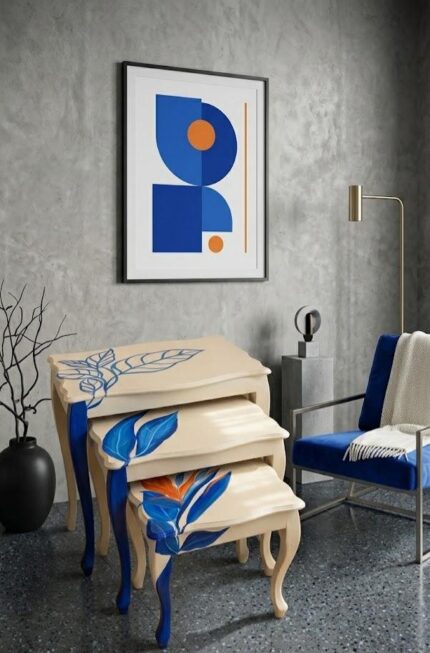 Hand-Painted Wooden Nesting Tables – Blue Botanical Elegance