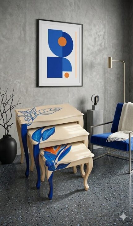 Hand-Painted Wooden Nesting Tables – Blue Botanical Elegance