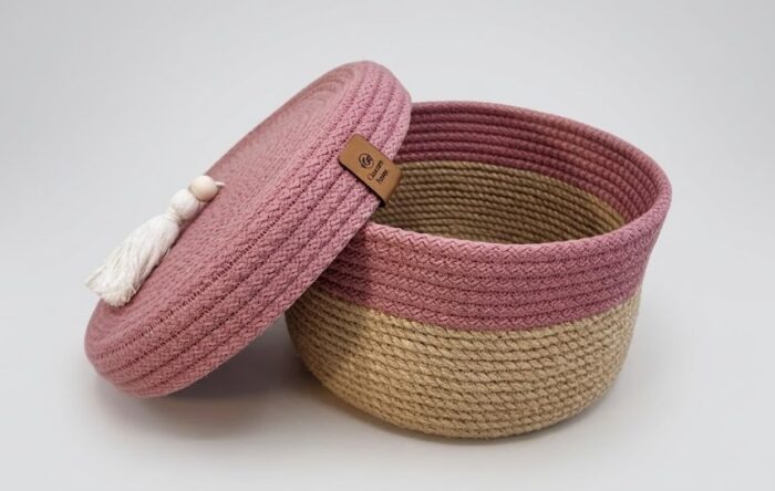 Storage Basket & Tissue Box Cover Set For Home Organizing & Styling, Handcrafted Jute, Beige & Pink - Image 4