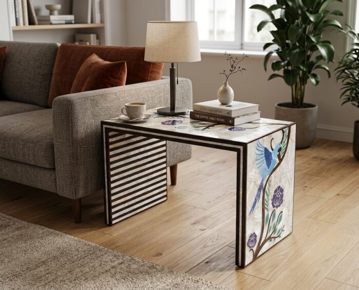 Luxury Handcrafted Mother of Pearl Inlaid Wooden Side Table – Multi Color - Image 2