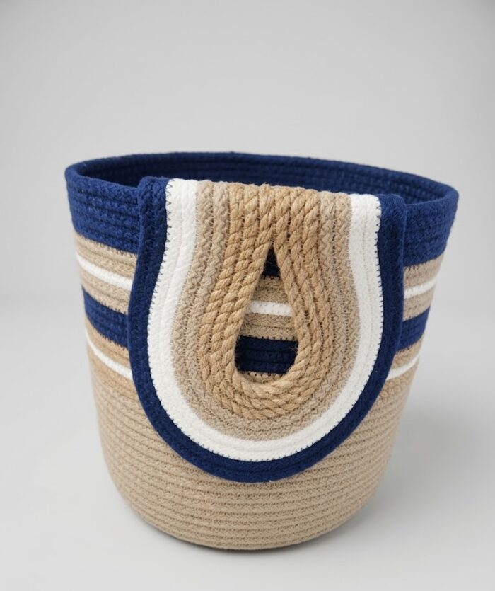Storage Basket & Tissue Box Cover Set For Home Organizing & Styling, Handcrafted Jute, Beige & Navy Blue - Image 2