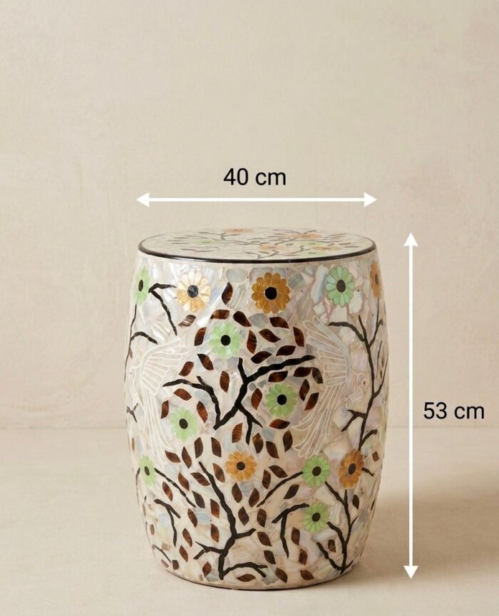 Side Table & Stool, Dual-Purpose Styling For Living Room & Bedroom, Wood & Pearl, Multi Color - Image 1