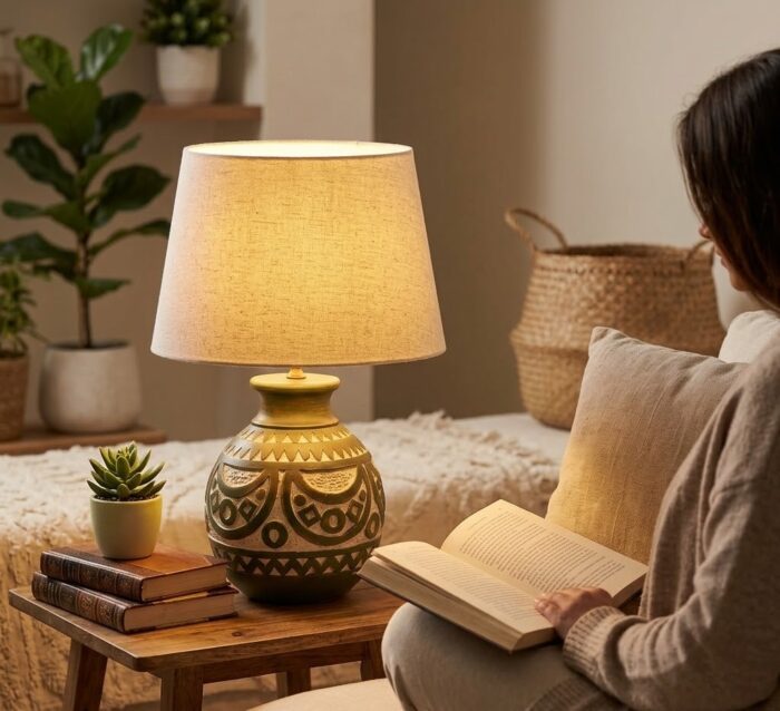 Table Lamp, Tribal Geometric, Bedside & Living Room, Poetry, Olive Green & Beige - Image 3