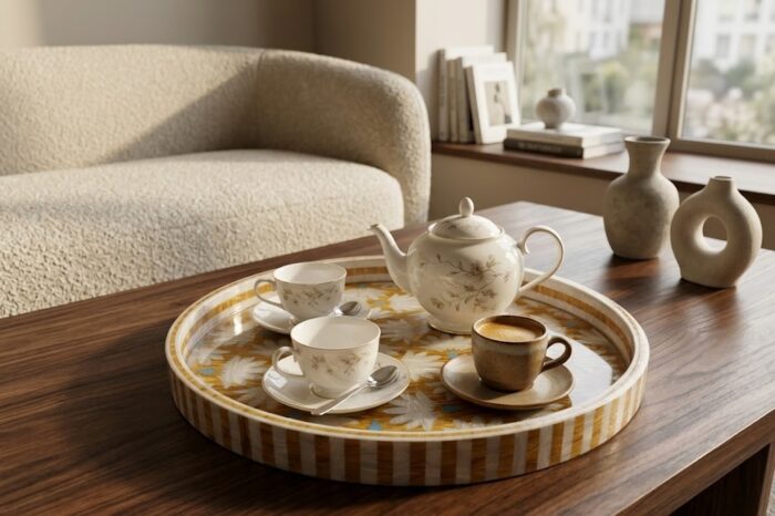 Lotus Floral Gold Wooden Serving Tray, 45 cm - Image 2