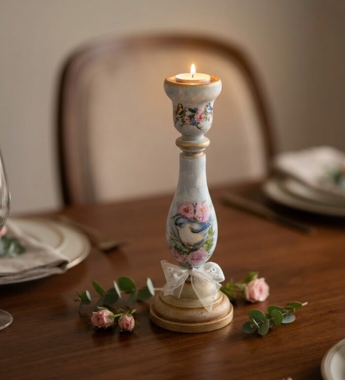 Artificial Candle Holder For Home and Office Decor, Wood - Blue Accent Bird - 25 cm - Image 2