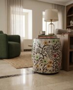 Luxury Handcrafted Mother of Pearl Wooden Round Drum Stool & Side Table, Multi Color