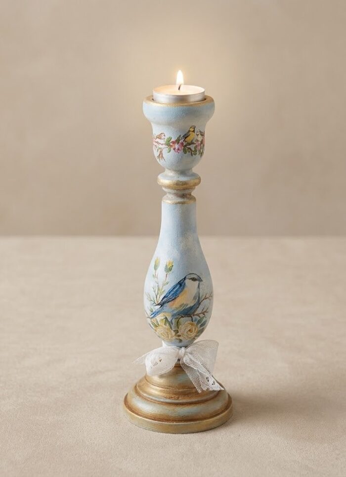 Artificial Candle Holder For Home and Office Decor, Wood - Blue Accent Bird - 25 cm - Image 4