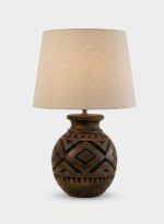 Table Lamp, Rustic Carved, Bedside & Living Room, Poetry, Antique Walnut Brown
