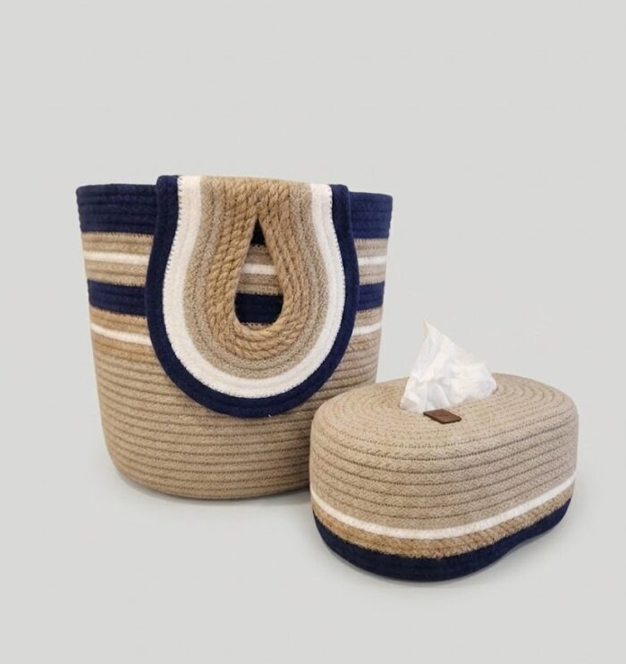 Storage Basket & Tissue Box Cover Set For Home Organizing & Styling, Handcrafted Jute, Beige & Navy Blue - Image 1