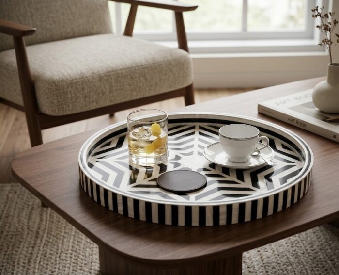 Modern Geometric Round Wooden Serving Tray with Inlaid Mother of Pearl, 45 cm - Image 2