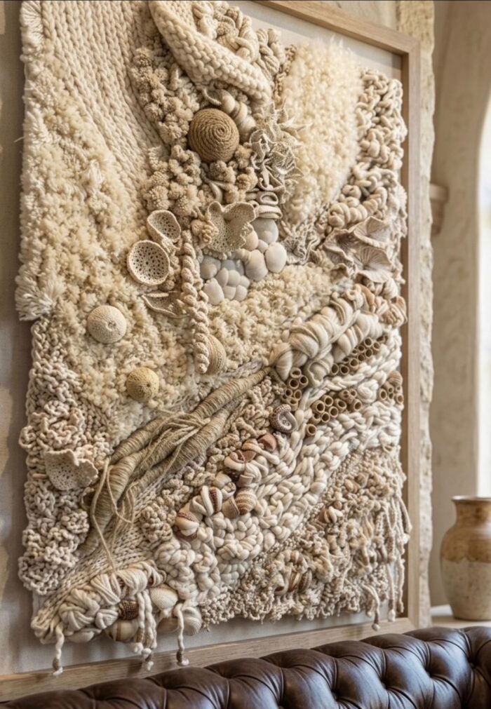 Handcrafted Neutral Textured Wall Art – Organic Fiber & Shell Mixed Media Frame - Image 2