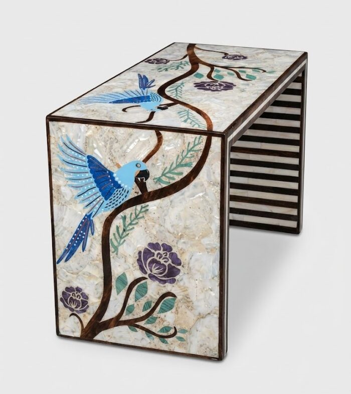 Luxury Handcrafted Mother of Pearl Inlaid Wooden Side Table – Multi Color - Image 7