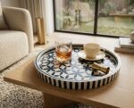Geometric Floral Teal and White Wooden Serving Tray, 45 cm - Image 2