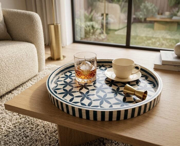 Geometric Floral Teal and White Wooden Serving Tray, 45 cm - Image 2