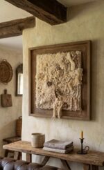 Handwoven Fiber & Shell Textured Wall Art – Organic Neutral Relief Frame