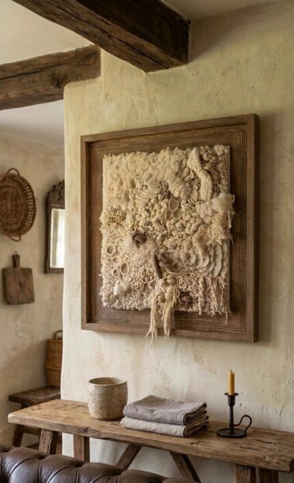 Handwoven Fiber & Shell Textured Wall Art – Organic Neutral Relief Frame