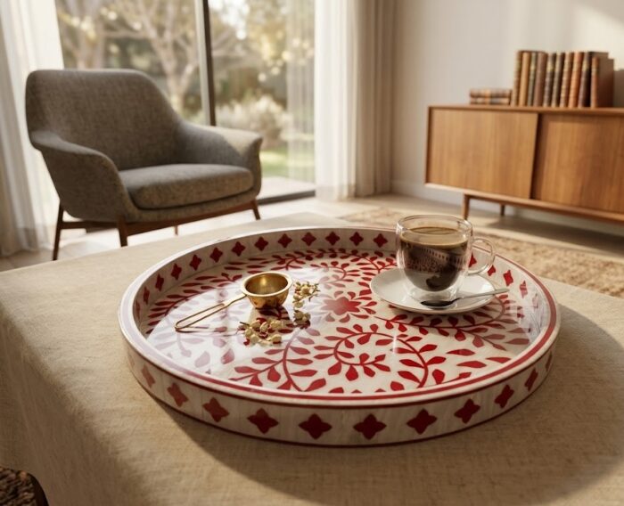 Intricate Red Floral Vines Round Wooden Serving Tray, 45 cm - Image 2
