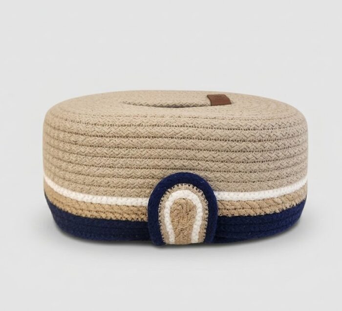 Storage Basket & Tissue Box Cover Set For Home Organizing & Styling, Handcrafted Jute, Beige & Navy Blue - Image 5