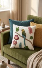 Hand-Embroidered Parrot Cushion – Botanical Garden Design - Image 2