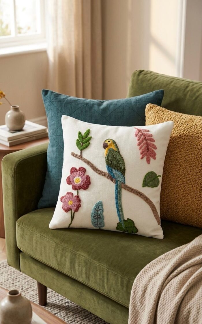 Hand-Embroidered Parrot Cushion – Botanical Garden Design - Image 2