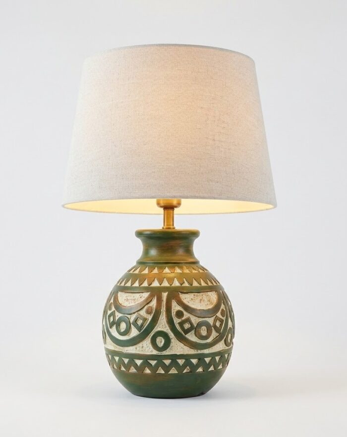 Table Lamp, Tribal Geometric, Bedside & Living Room, Poetry, Olive Green & Beige - Image 1