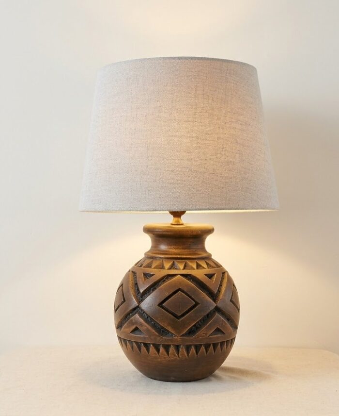 Table Lamp, Rustic Carved, Bedside & Living Room, Poetry, Antique Walnut Brown - Image 2
