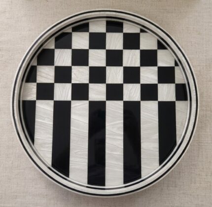Modern Optical Checkered and Striped Wooden Serving Tray, 45 cm