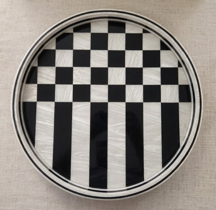 8735bf4f-e40d-42cd-b8e2-c0b51b38d018-1.jpg Modern Optical Checkered and Striped Wooden Serving Tray, 45 cm - Image 1