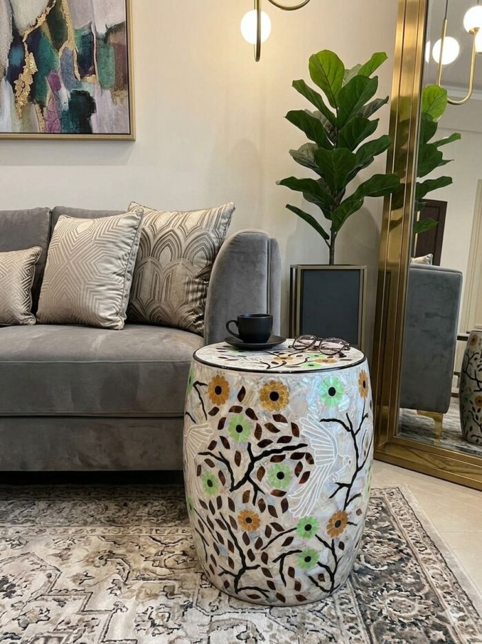 Side Table & Stool, Dual-Purpose Styling For Living Room & Bedroom, Wood & Pearl, Multi Color - Image 2