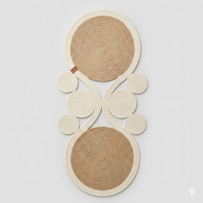 Table Runner, Elegant Geometric, Heat Resistant Dining Decor, Cottonand jute, white&Beige - Image 1
